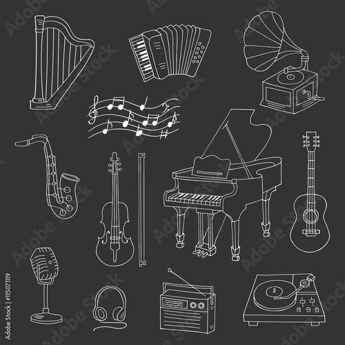 Music icon set vector illustrations hand drawn doodle. Musical instruments and symbols piano, guitar, accordion, gramophone, saxophone, violin, music notes, microphone, headphones, record player.