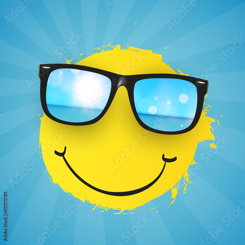Vector Summer Design. Yellow Smiley, with realistic sunglasses.


