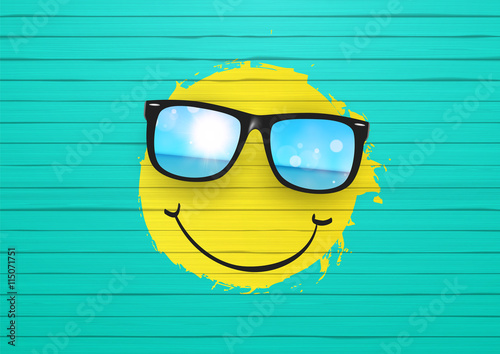 Vector Summer Design. Yellow Smiley face painted on wooden wall, with realistic sunglasses.

