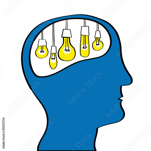 Vector drawing of a human head in profile with the brain full of yellow light bulbs as a metaphor for ideas and inspiration