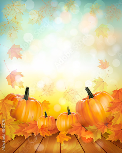 Pumpkins on wooden background with leaves. Autumn background. Vector. 