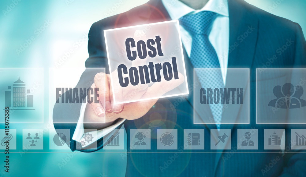A businessman selecting a Cost Control Concept button on a clear screen.