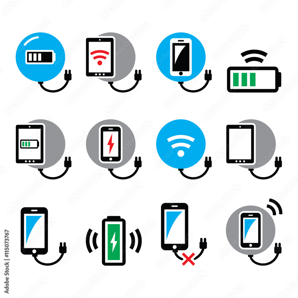 Wireless charging pad for smartphone or tablet icons set Wireless charging pad for smartphone or tablet icons set