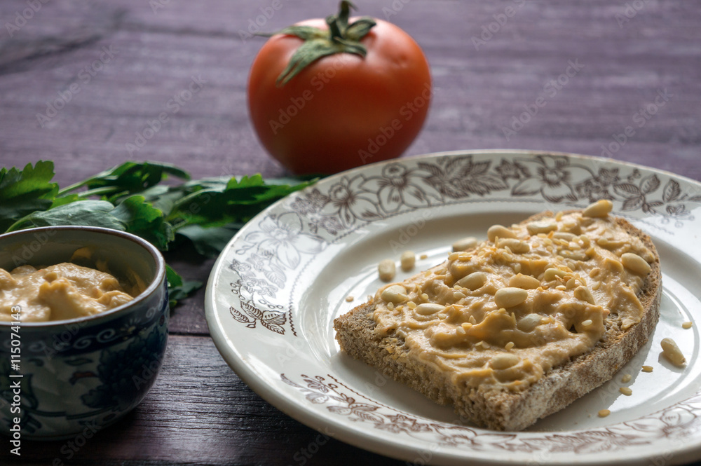 Toast with hummus. Traditional mediterranean food. Pea cream Toast with hummus. Traditional mediterranean food. Pea cream