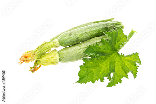 Fresh zucchini, with leaf and blossoms, isolated on white background.