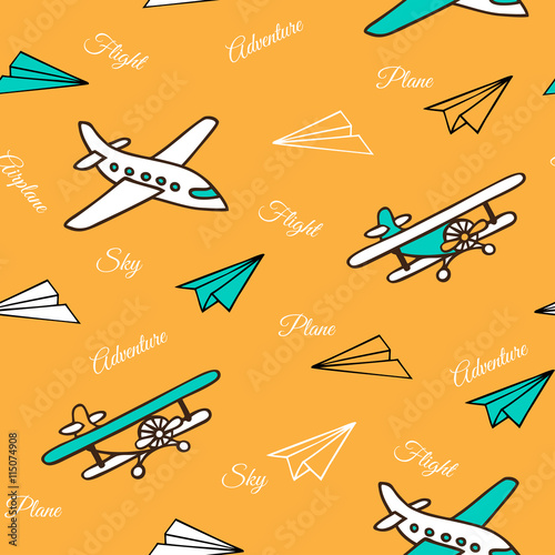 Yellow seamless pattern of cute airplanes