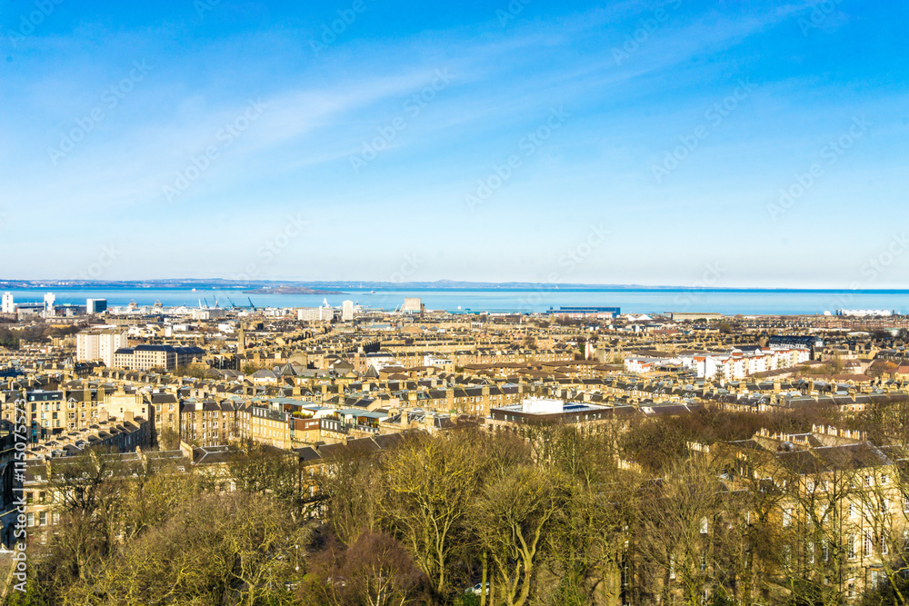 Edinburgh Cityscape from Calton Hill blue sky Scotland UK