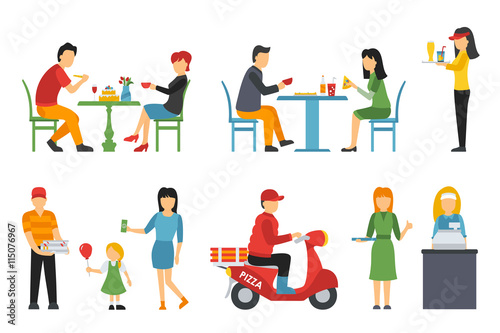 Pizzeria icons set. People in a flat interior. Pizza conceptual web vector illustration. 