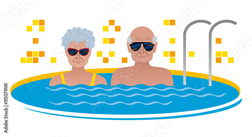 Smiling elderly couple Europeans in sunglasses relaxing in the outdoor pool in retirement or holiday. Vector, concept, drawing, isolated on white background.