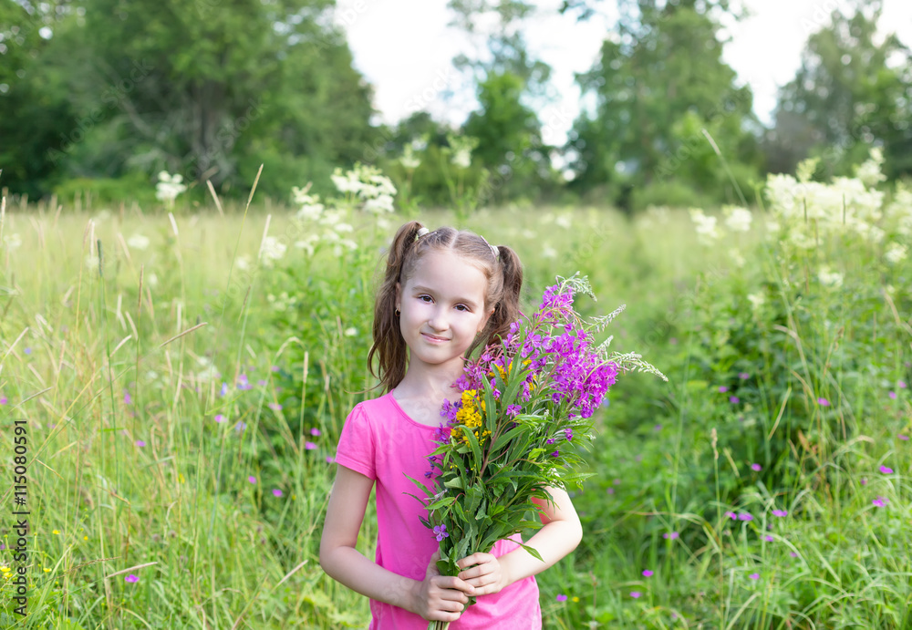 adorable girl with wildflowers. Child wearing pink dress playing in a summer field. Toddler kid with flower bouquet for birthday or mother's day. adorable girl with wildflowers. Child wearing pink dress playing in a summer field. Toddler kid with flower bouquet for birthday or mother's day.