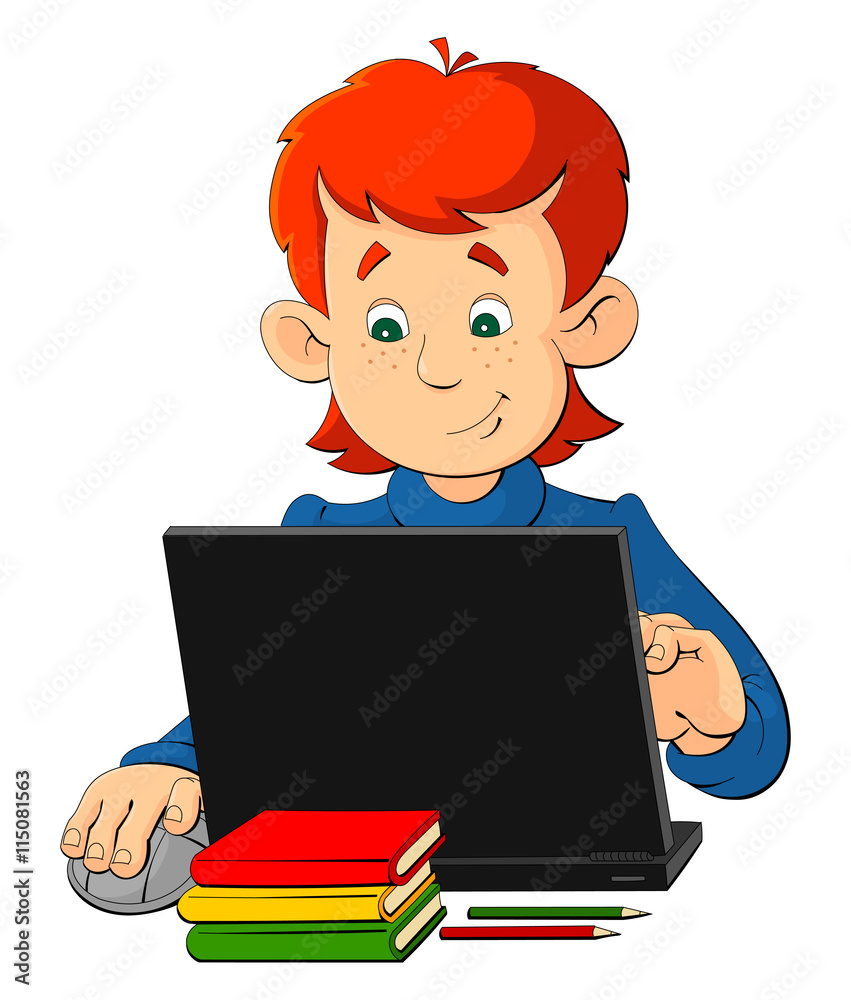 Cartoon boy sitting at a table with a laptop.