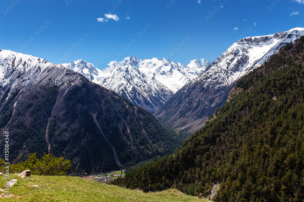 Panoramic view of the main Caucasus ridge in summer