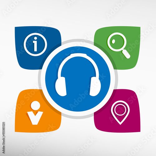 Headphone and icons set vector illustration. Modern Flat style 