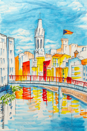 Church of Sant Feliu, colorful yellow and orange houses and bridge Pont de Sant Agusti reflected in water river Onyar, in Girona, Catalonia, Spain. Picture made markers