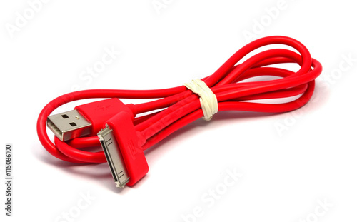 Red USB cable on white background.