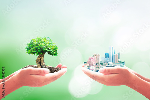 World environment day concept: Two entrepreneur hands holding heart shape of big tree and city over blurred green nature background