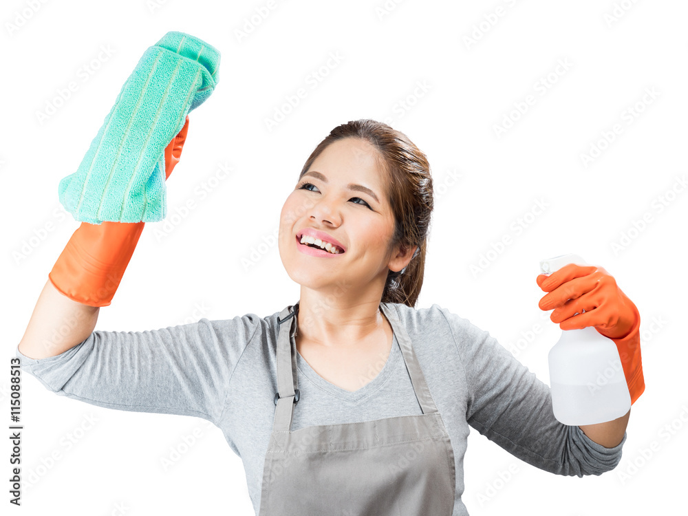asian housewife cleaning glass isolated on white asian housewife cleaning glass isolated on white
