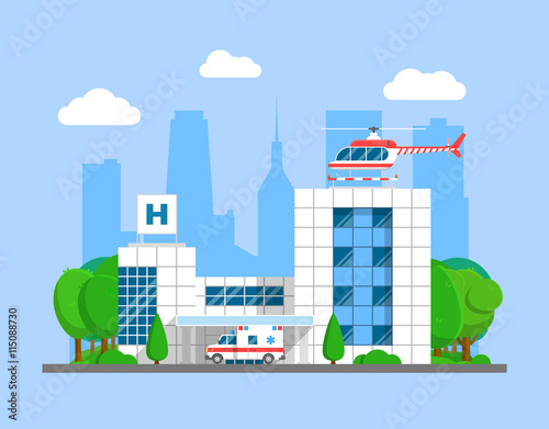 Medical center building with ambulance and helicopter. Flat city hospital and emergency transport vector illustration