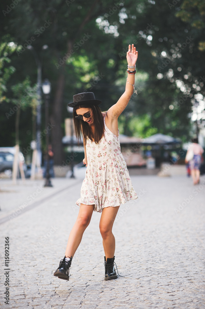 beautiful young woman in elegant hat and sunglasses posing outdoor beautiful young woman in elegant hat and sunglasses posing outdoor