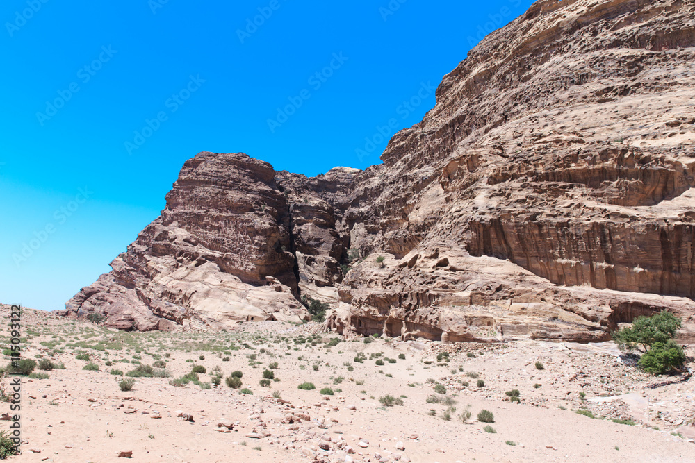  red rock formations in Petra Jordan.