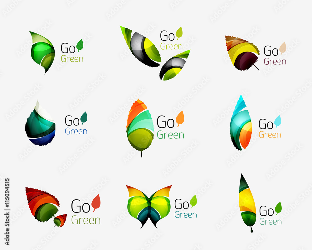 Colorful geometric nature concepts - abstract leaf logos, multicolored icons, symbol set
