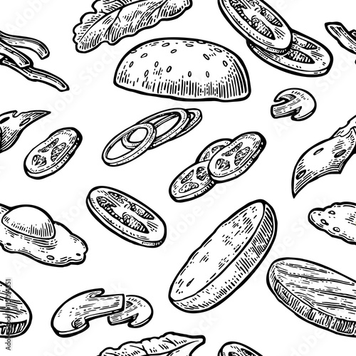 Seamless pattern ingredients burger include cutlet, tomato, cucumber and salad.