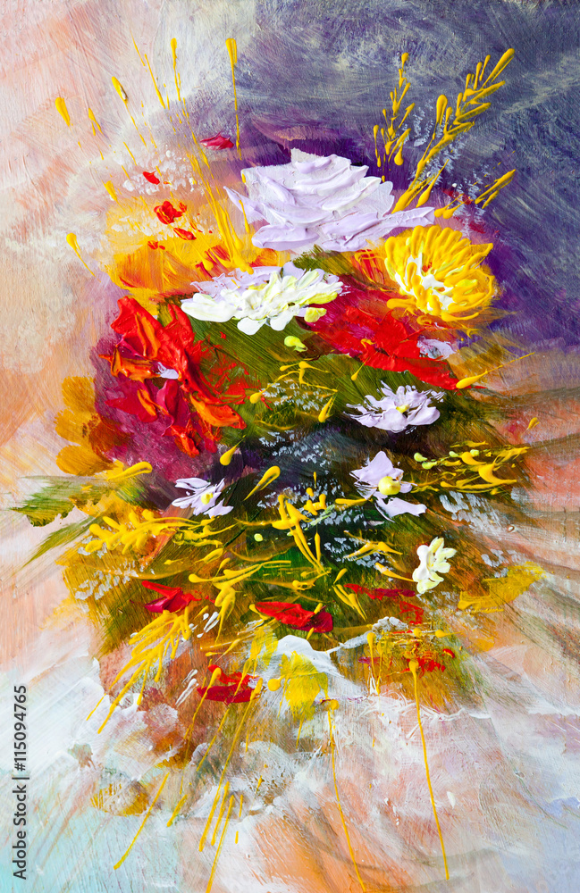Oil painting flowers - obrazy, fototapety, plakaty 