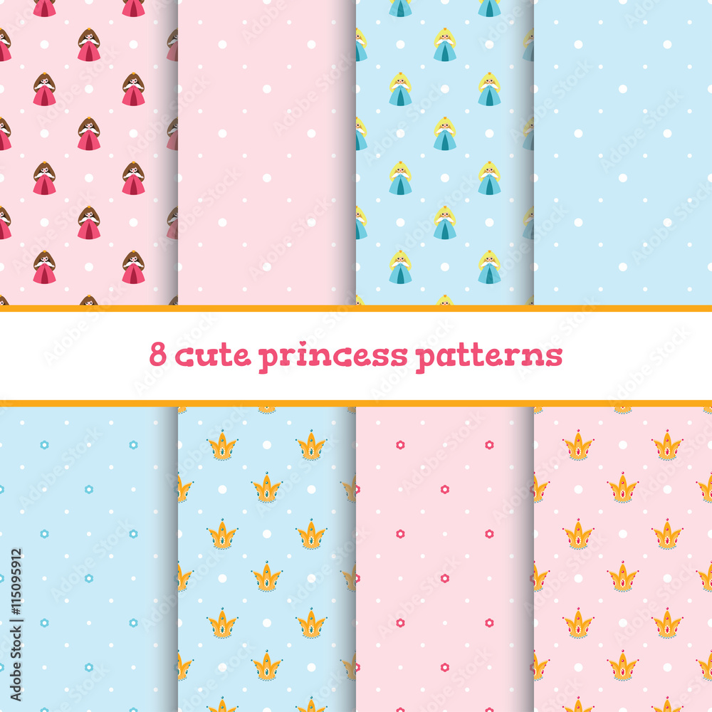 8 vector seamless pink and blue patterns with cute princesses, little flowers, beautiful crowns and dots.