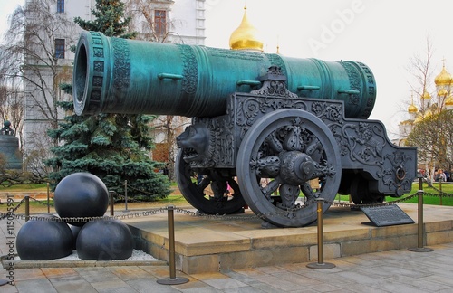 View of Tsar Cannon (King Cannon) in Moscow Kremlin in winter. Moscow Kremlin is a popular touristic landmark. UNESCO World Heritage Site.