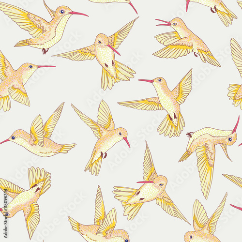 vector seamless flying little birds of paradise conversational pattern, spring summer time, gentle romantic humming-bird, colibri background allover print design