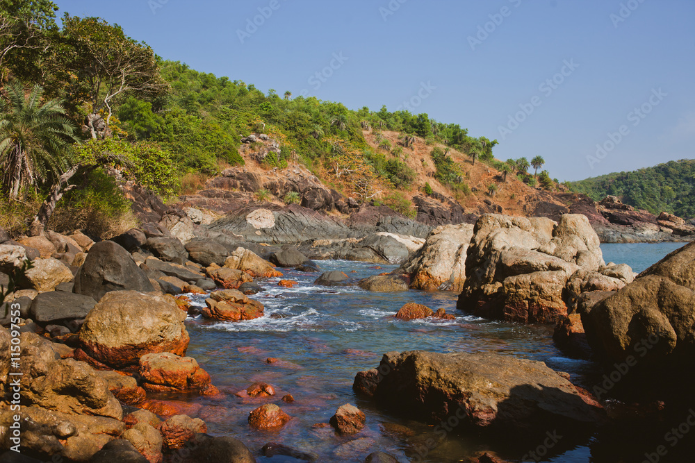 Tropical view to the ocean, beautiful hilly coastline in Gokarna