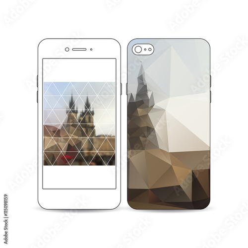 Mobile smartphone with an example of the screen and cover design isolated on white background. Polygonal blurred image, urban landscape, Prague cityscape, modern triangular texture