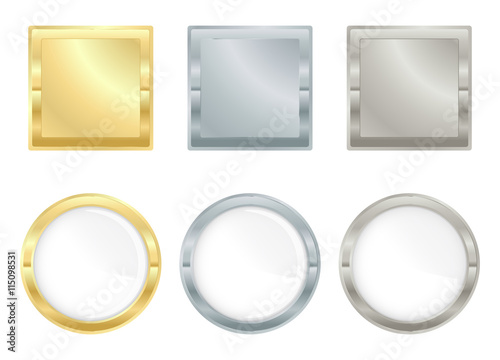 Vector set of square and circular icons of gold silver and plati