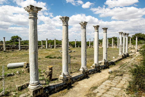 Ruins and ancient columns in the ancient city of Salamis in Fama