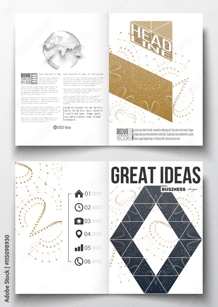 Fototapeta Set of business templates for brochure, magazine, flyer, booklet or annual report. Abstract polygonal low poly backdrop with connecting dots and lines, golden background, connection structure. Digital