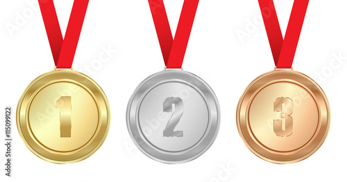 Vector medals gold silver bronze with red ribbon