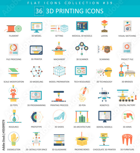 Vector 3D printing flat icon set. Elegant style design.