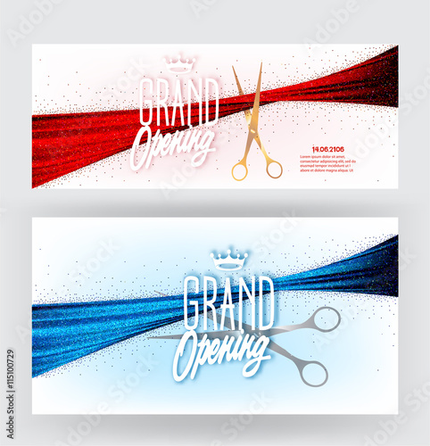 GRAND OPENING banners with sparkling ribbons and scissors