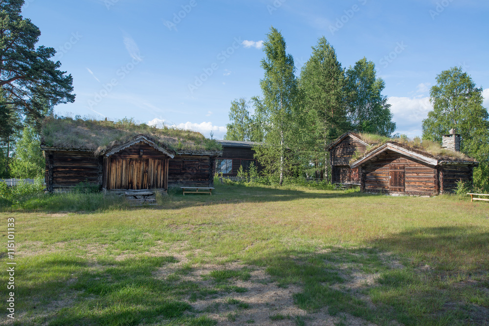 An old historic houses with grassroofs in Elverum, Norway