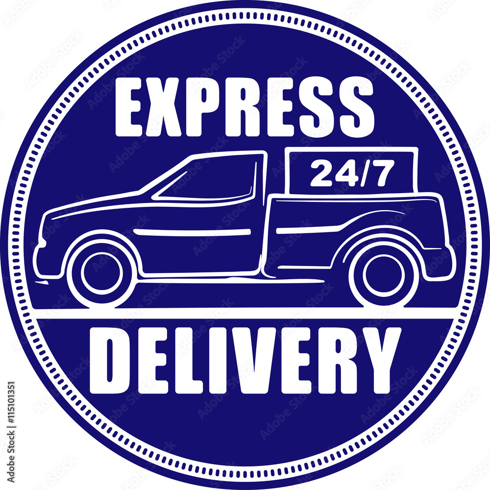 Express delivery 24/7 blue design for your application or logo with silhouette of pickup truck