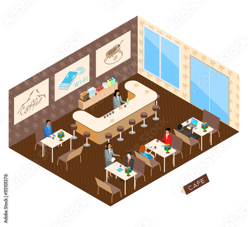 Interior of coffee cafe with wi-fi internet in an isometric view.