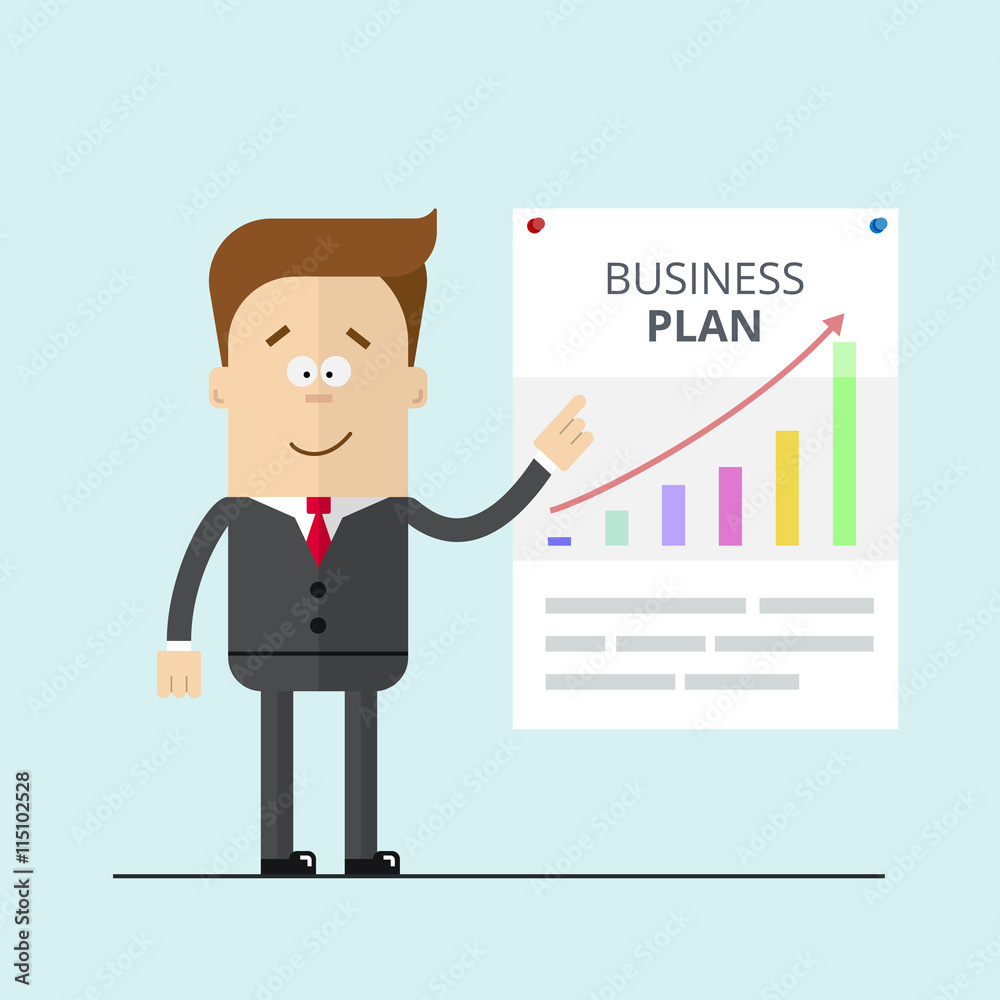 Businessman or manager in a suit shows business plan. Modern flat vector illustration.