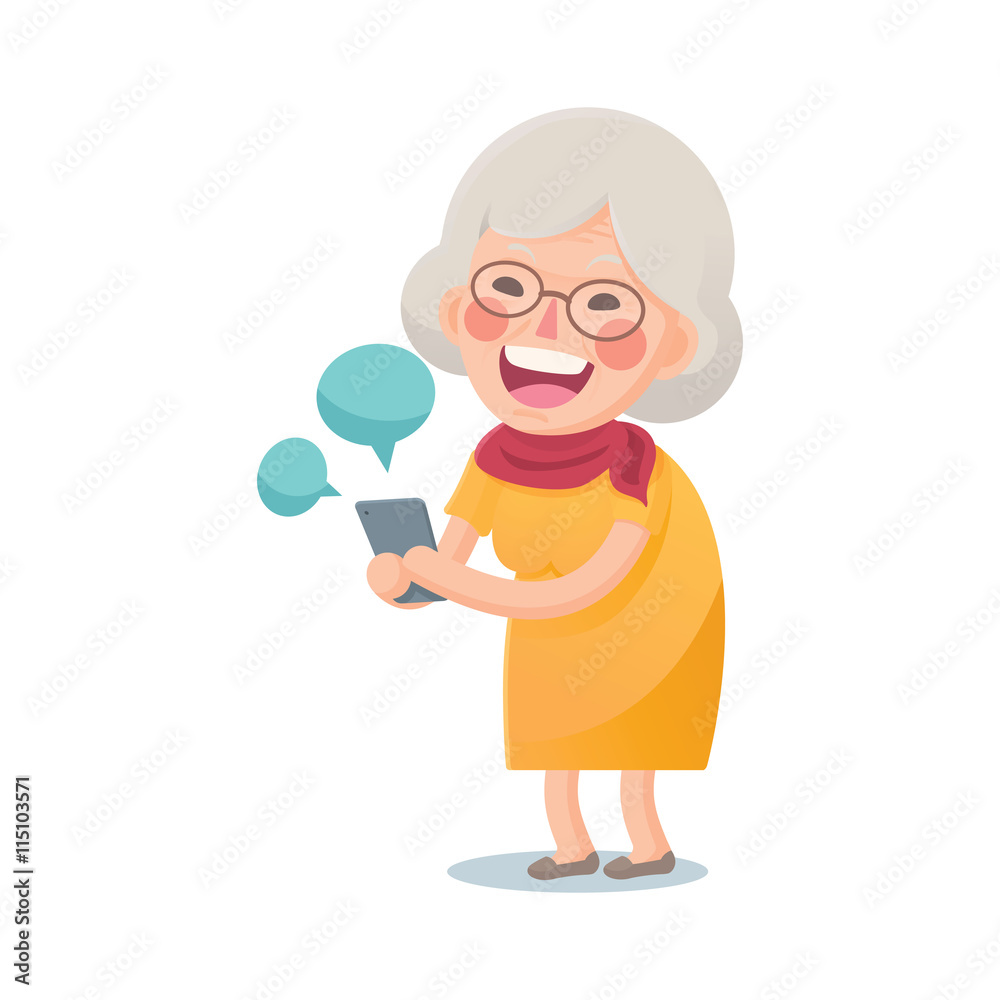 Vector Illustration of Happy Grandma Using Smart phone Isolated on White Background, Cute Cartoon Character Vector Illustration of Happy Grandma Using Smart phone Isolated on White Background, Cute Cartoon Character