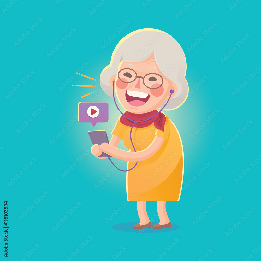 Vector Illustration of Happy Grandma Watch Movie From Smart phone , Cute  Cartoon Character Stock Vector | Adobe Stock