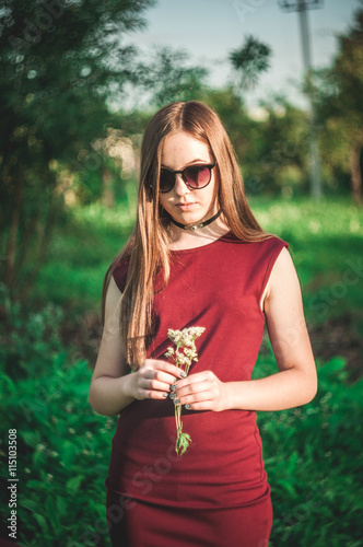 Young, beautiful girl in a red dress walking in nature, in the field. Beautiful girl holding flowers, daisies. Sunglasses.