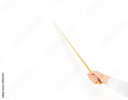 Hand holding wood classroom pointer isolated. Hand in white sleeve shirt hold school stick and pointing. 