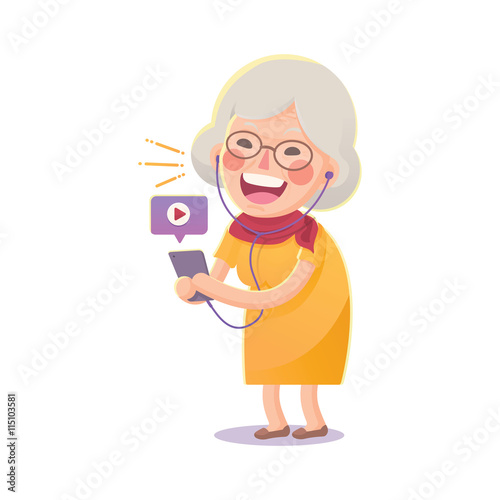 Vector Illustration of Happy Grandma Watch Movie From Smart phone Isolated  on White Background, Cute Cartoon Character