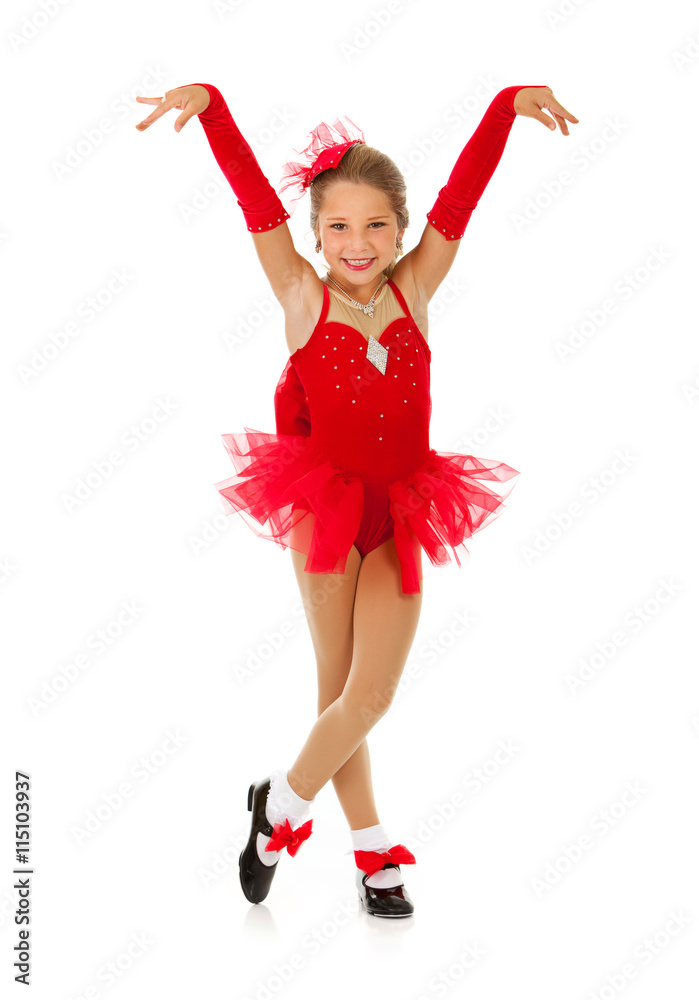 Dancer: Little Girl Performer Strikes Finish Pose In Costume Dancer: Little Girl Performer Strikes Finish Pose In Costume