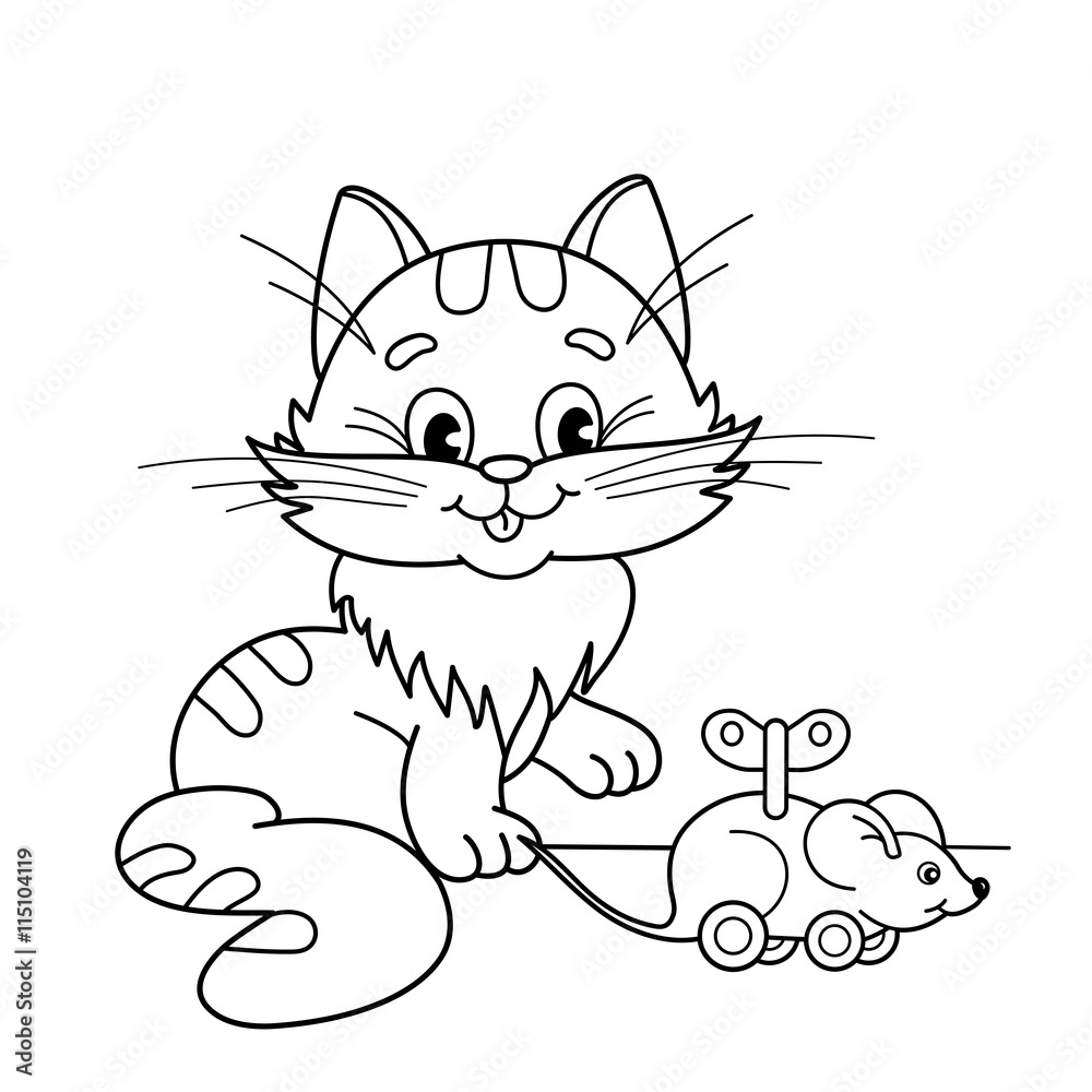 Coloring Page Outline Of cartoon cat with toy clockwork mouse. Coloring  book for kids Stock Vector | Adobe Stock