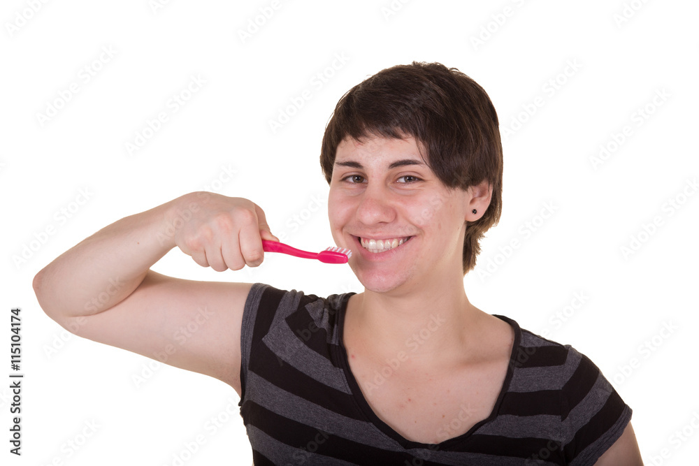 Portrait of a woman holding a toothbrush isolated on white Portrait of a woman holding a toothbrush isolated on white